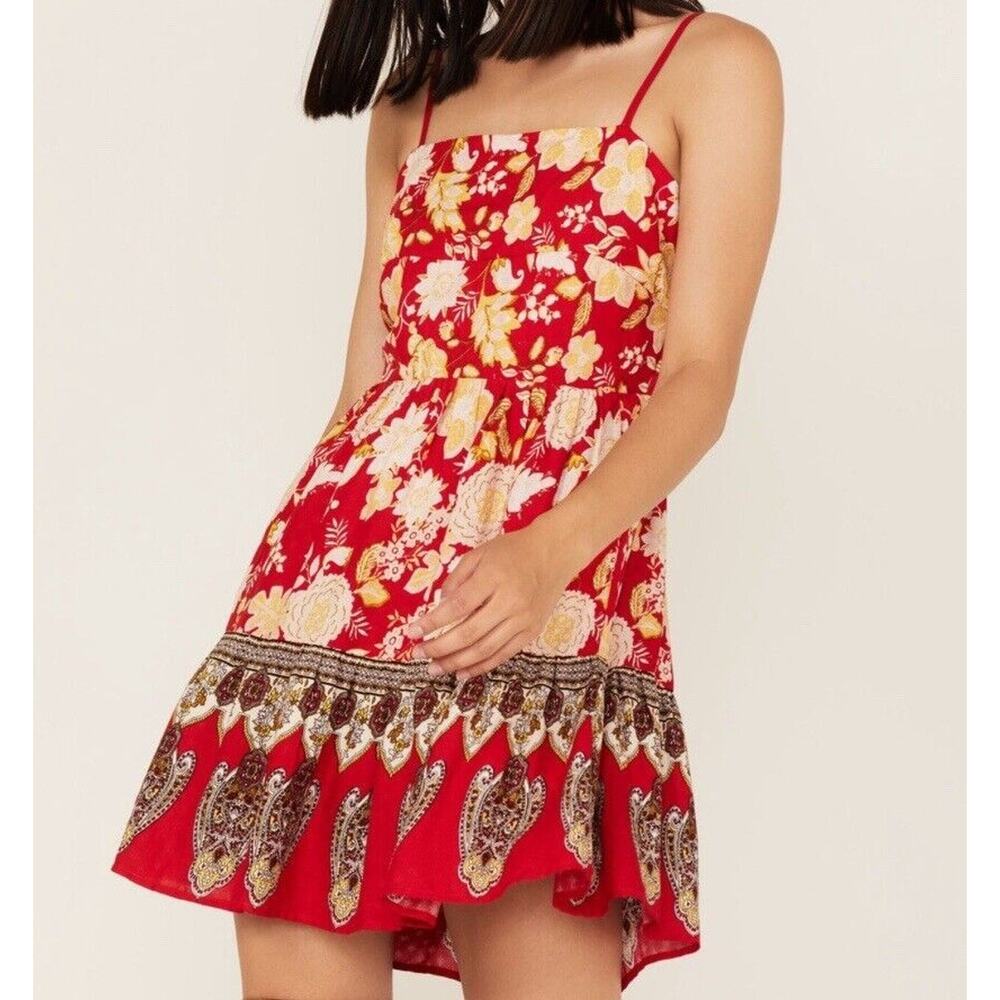 B.O.G Collective Love Is All Around Floral Mini Dress Small Red Boho Sleeveless